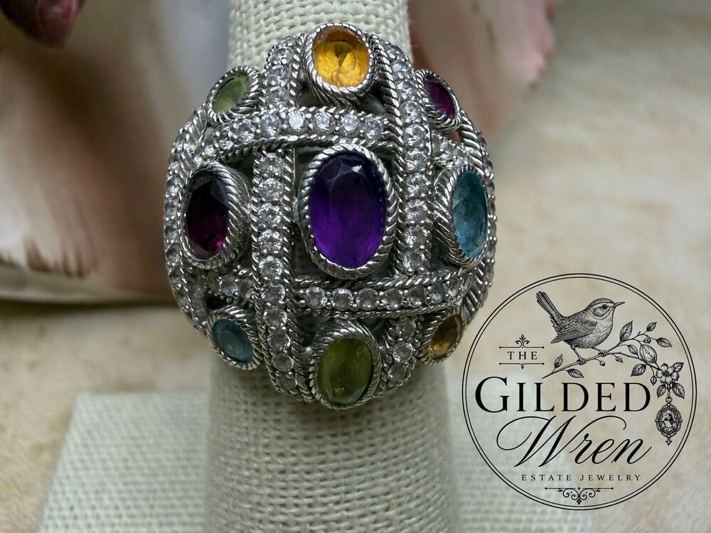 Judith Ripka Sterling Silver Multi Gemstone CZ Dome Ring Amethyst Topaz Sz 6